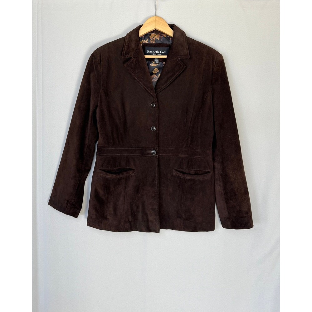 90s Vintage Kenneth Cole Dark Brown Suede Leather Mid Length Blazer Jacket Large